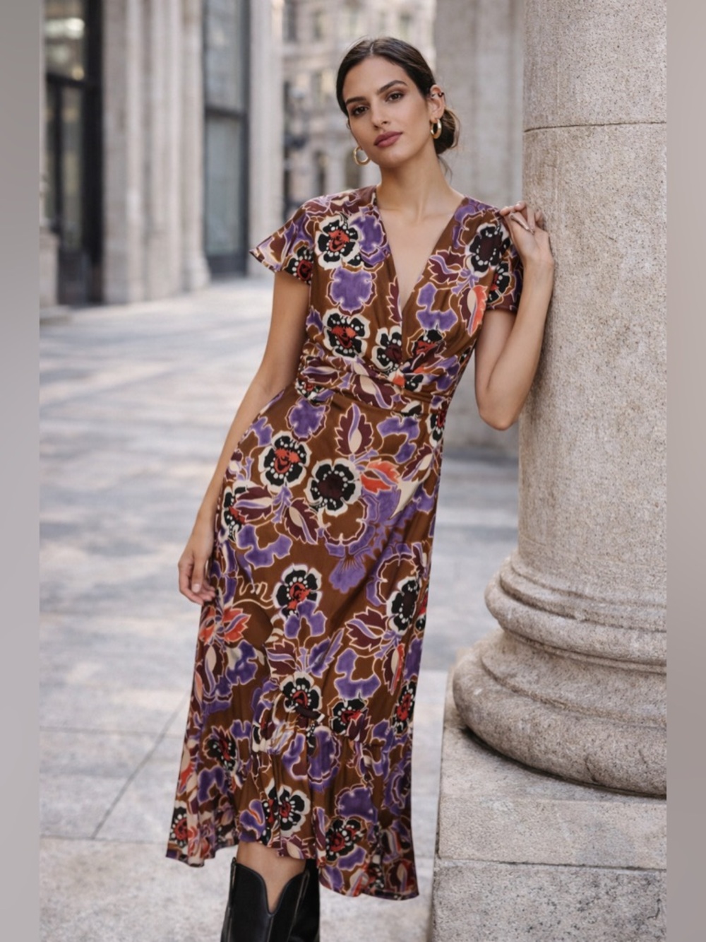 Mango Satin Flutter Sleeve Abstract Floral Midi Dress - Small (4)